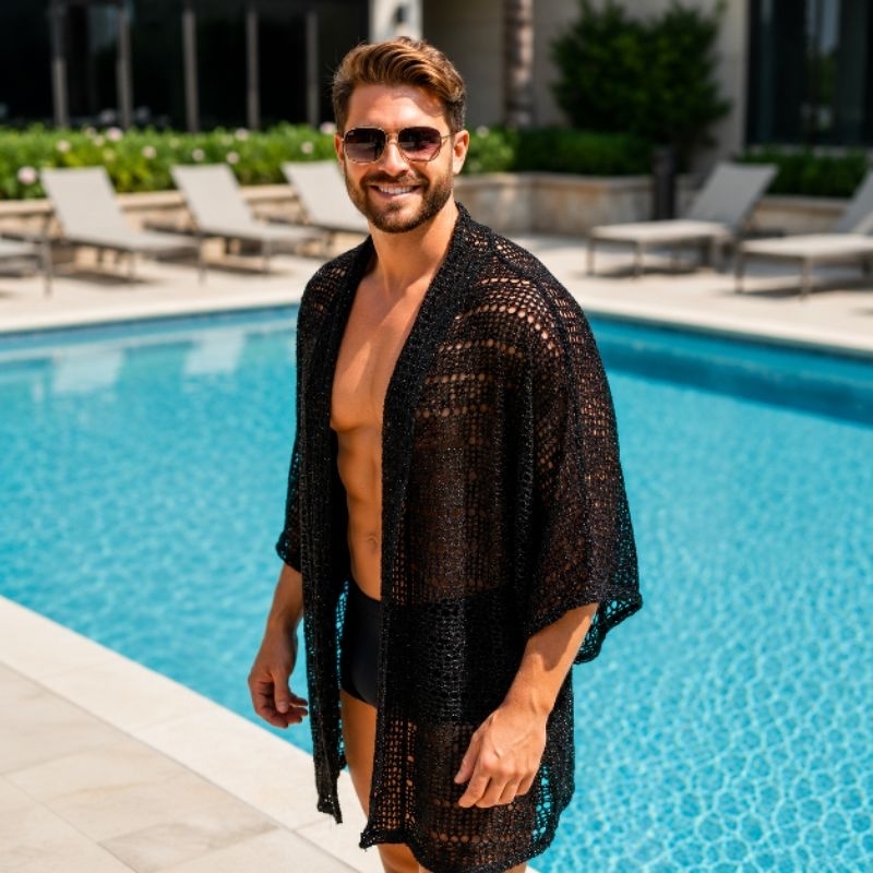 Kimono Masculino Texturizado – Brilho e Leveza para o Verão kimono em tela arrastão com toque de brilho