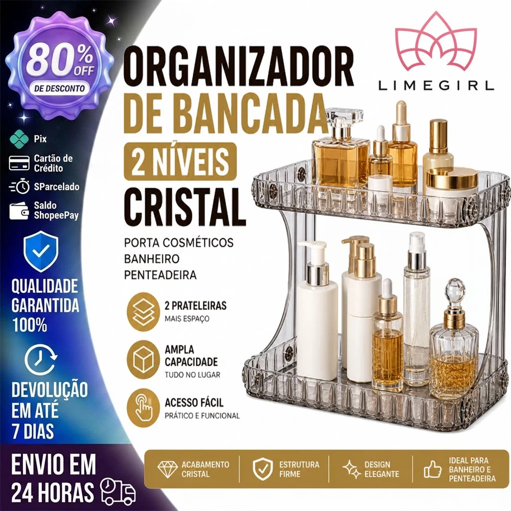Organizador de Bancada 2 Níveis Cristal Porta Cosméticos Banheiro Penteadeira