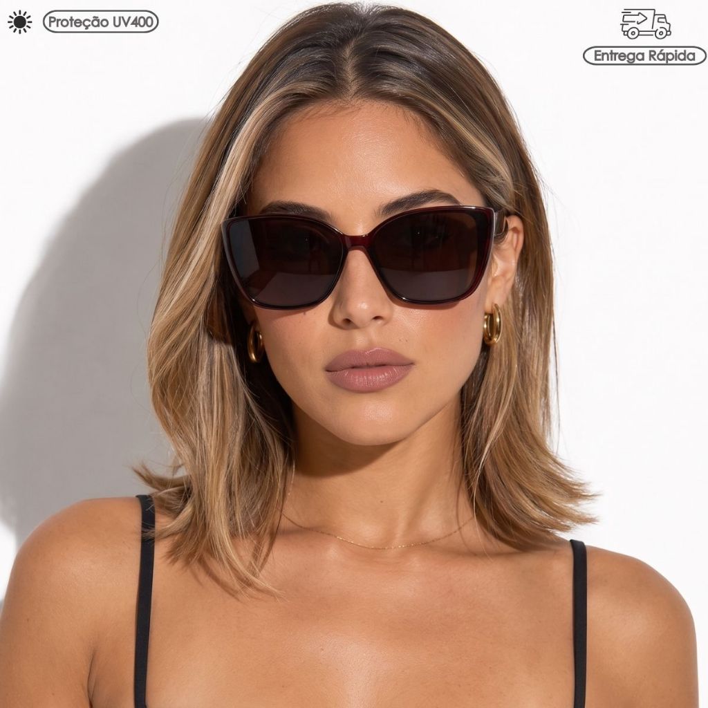 Óculos De Sol Feminino Lua Quadrado Gatinho Lente Policarbonato Proteção UV400 Elegante Resistente