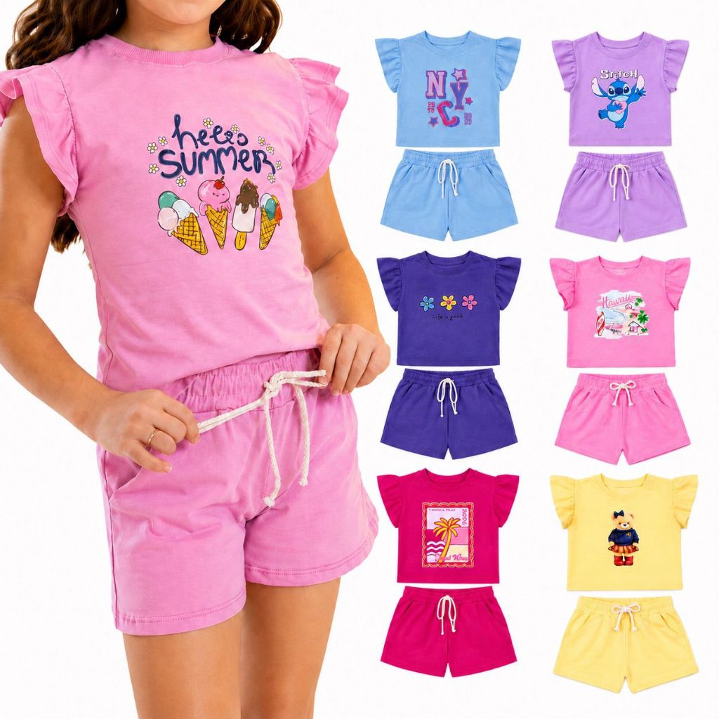 Conjunto Infantil Menina Verão 4 Peças Camiseta e Short Tamanhos 4 ao 8 anos Conjuntos Menina Confortavel