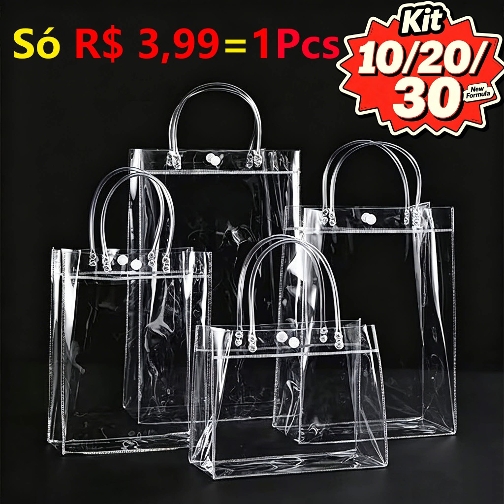 Kit 5/10/15/20 Sacos de Presente PVC Transparente com Alça Reutilizável Lembrancinhas Festa Aniversário Batizado Natal