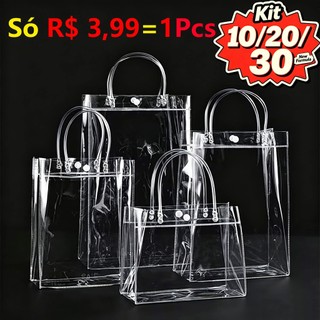 Kit 5/10/15/20 Sacos de Presente PVC Transparente com Alça Reutilizável Lembrancinhas Festa Aniversário Batizado Natal