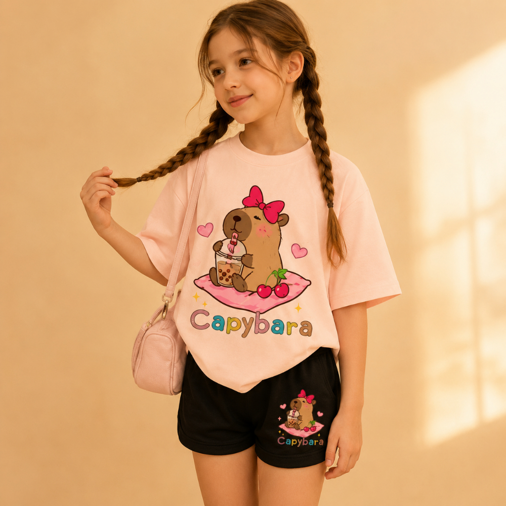 Conjunto Infantil Feminino Capivara – Camiseta Rosa + Short Preto Estampado Menina