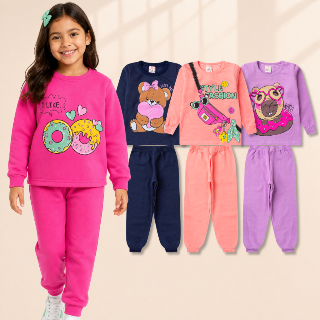Kit Sortido 6 Peças 3 Casacos Moletom Careca + 3 Calças Infantil Feminino/Menina 3 Conjuntos 1 ao 14