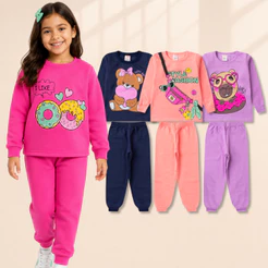 Kit Sortido 6 Peças 3 Casacos Moletom Careca + 3 Calças Infantil Feminino/Menina 3 Conjuntos 1 ao 14