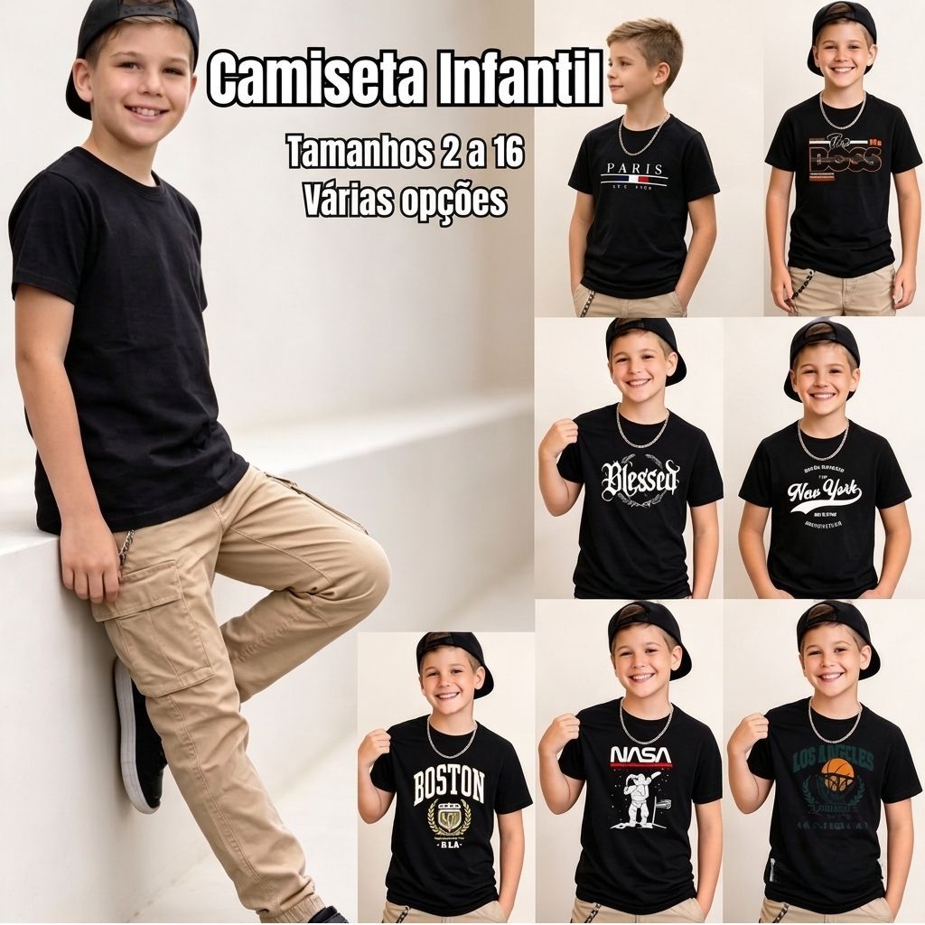 Camiseta Infantil Masculina Para Sair Diversas Opções Estampada e Lisa Blusa Juvenil Tamanho 02 ao 16