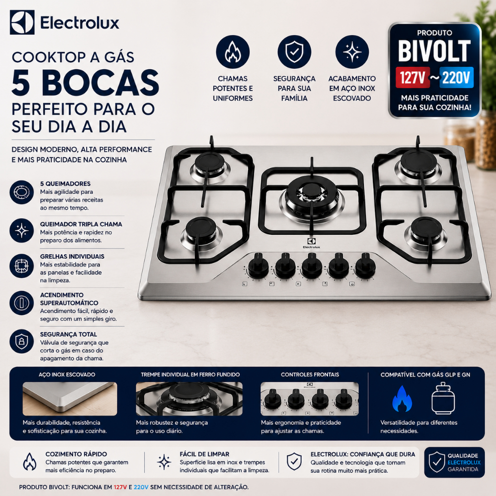 Cooktop 5 bocas a gás Electrolux Inox Experience KE5XC com multi chama e grade de ferro fundido