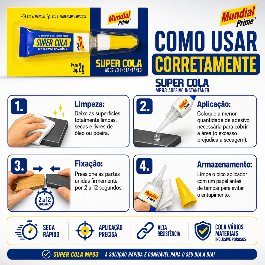 Super Cola Cartela 12 Tubos Adesivo Instantâneo MP93 2g Secagem Rápida Cola Materiais Porosos Mundial Prime — imagem 2 de 2