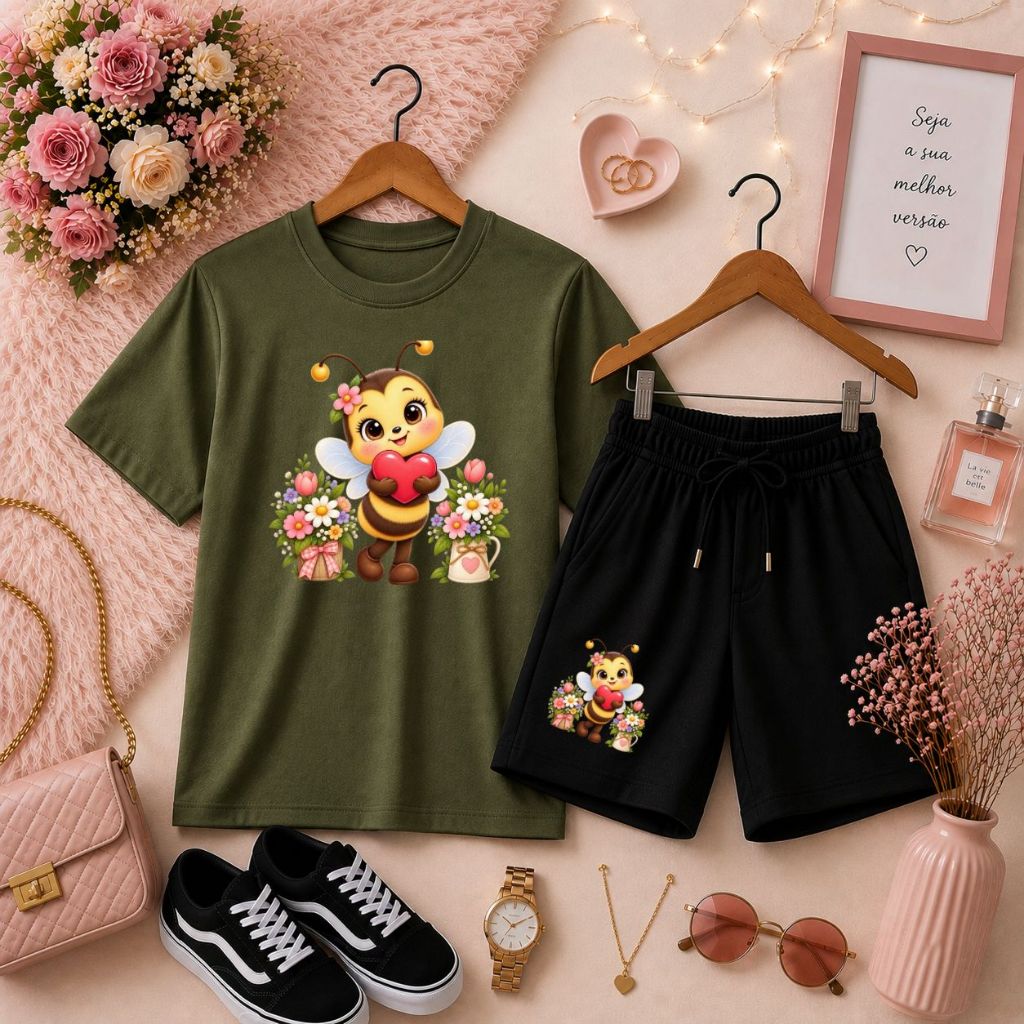 Look Despojado e Fofo Conjunto Infantil Feminino Camiseta Básica e Short de Moletom Estampa Abelhinha Fofa e Delicada