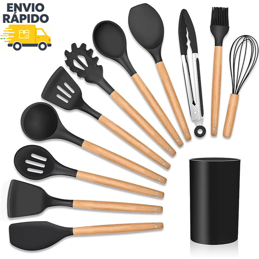 ✈️Envio Rápido｜Conjunto 12 Utensílios Silicone Cabo Madeira, Resistente Calor para Panelas Antiaderentes
