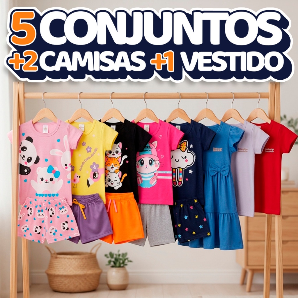 Box Verão Feminino - 2 Conjuntos Curto Estampado + 1 Conjunto Ciclista + 1 Vestido 3 Marias + 2 Pijamas Curto + 2 Camisa