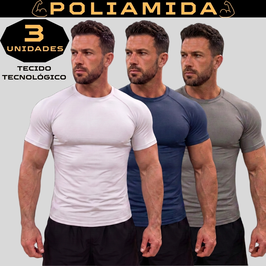 Kit 3 Camisas Compressão Poliamida Rash Guard Manga Curta Masculina Térmica Segunda Pele Raglan