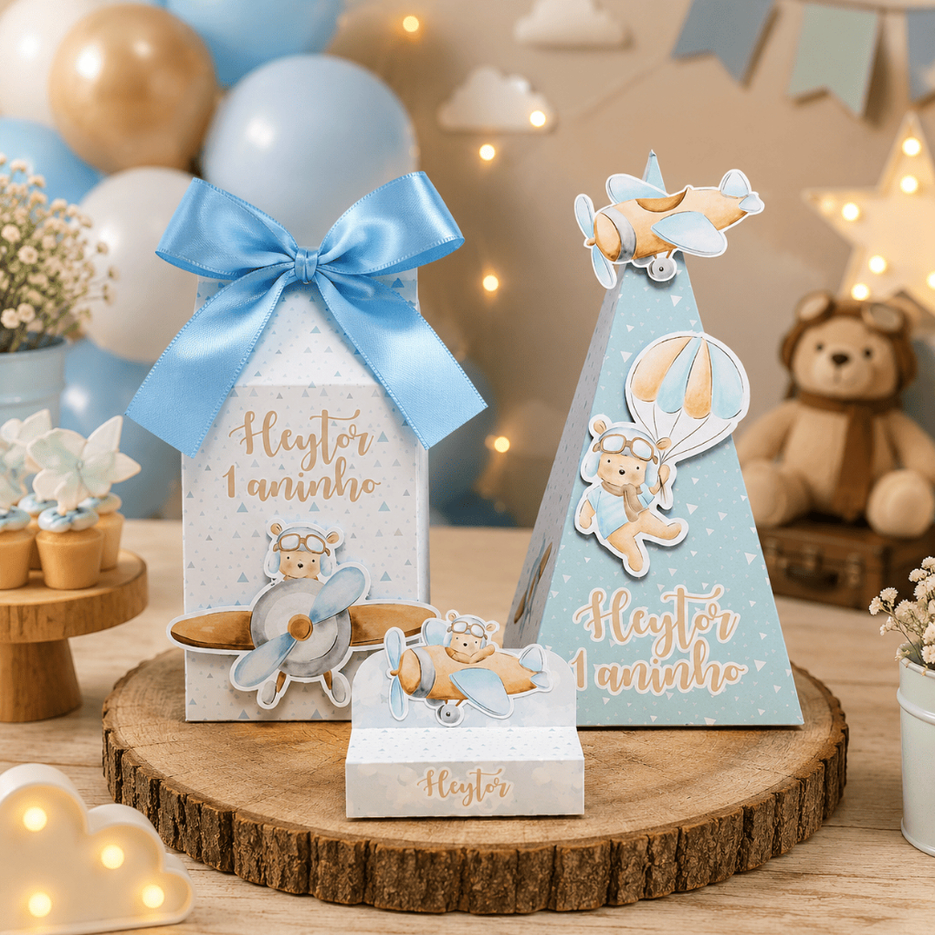 Kit Festa - Lembrancinhas Personalizadas O Tempo Voa Ursinho Aviador - Caixinhas Personalizadas Aniversário Infantil