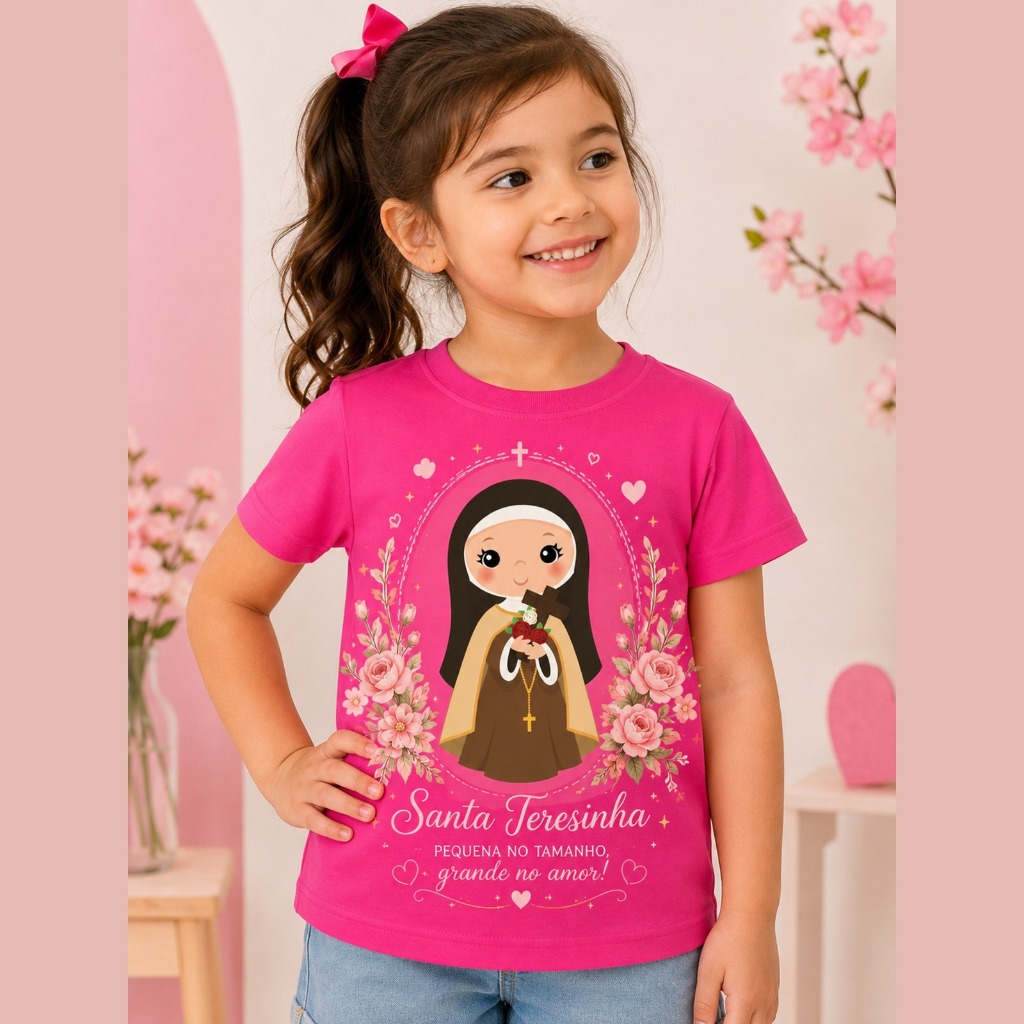 Camiseta Santa Teresinha Infantil Menina Católica Religiosa Estampada com Rosas