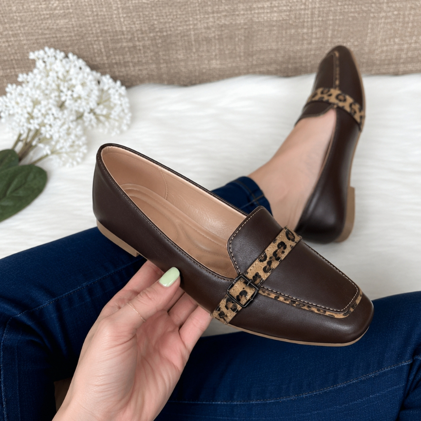 Sapatilha Oncinha Feminina Mocassim Couro Animal Print Tendência 2026 Confortável Casual Trabalho Passeio Elegante
