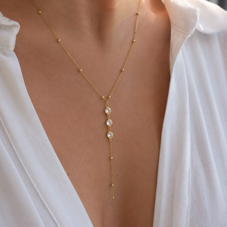 Colar Gravatinha Feminino com 3 Pedras de Cristal | Colar em Aço Inoxidável Ponto de Luz Delicadom