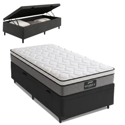 Cama Box Baú Solteiro Colchão Molas Ensacadas Pillow Top Maximus 88x188x69cm Cinza / Preto Gazin