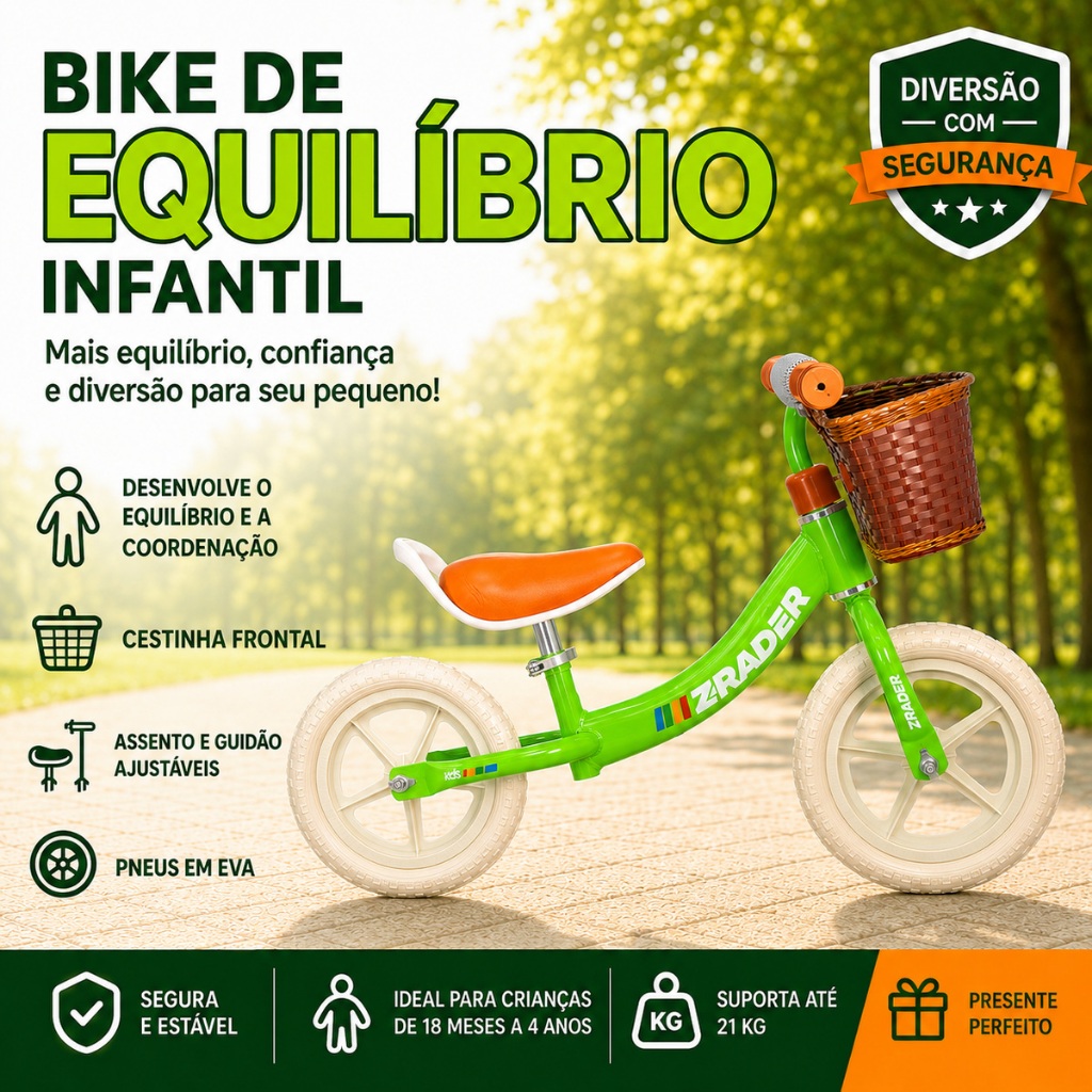 Bicicleta de Equilíbrio Balance Bike Infantil Sem Pedal com Cestinha Leve Resistente Para Criança Verde