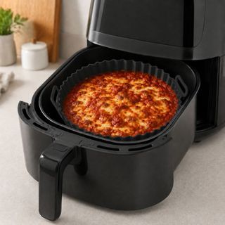 Forma Redonda de Silicone 19cm Funda para Air Fryer 6,5cm de Altura 900ml Bolo Pudim Preta Lyor com Alça Cesto Antiadere