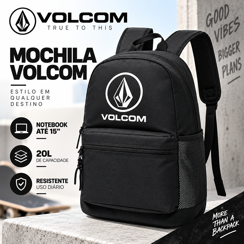 Mochila Volcom Masculina Notebook 15" 20L Escolar Faculdade Resistente Preta Original
