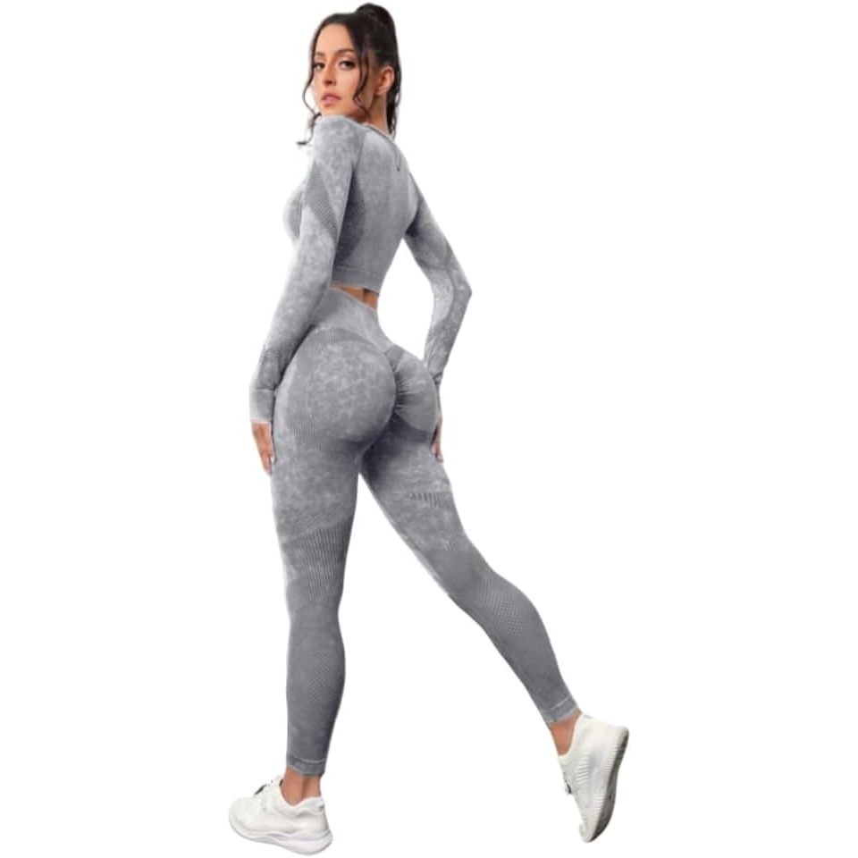 Conjunto de ioga academia sem costura feminino – Top de manga comprida & Leggings de cintura alta com levanta bumbum