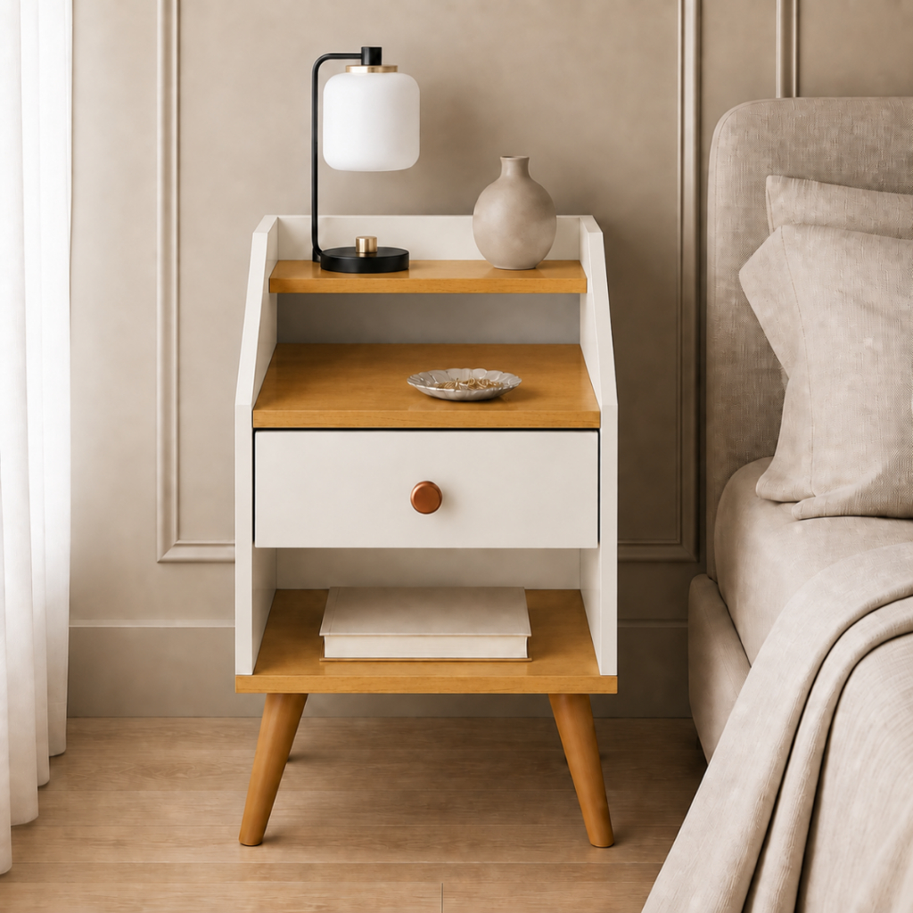 Mesinha Lateral de Apoio para Cama Quarto 1 Gaveta Nicho Organizador Prateleira Pés Palito Compacta MDP