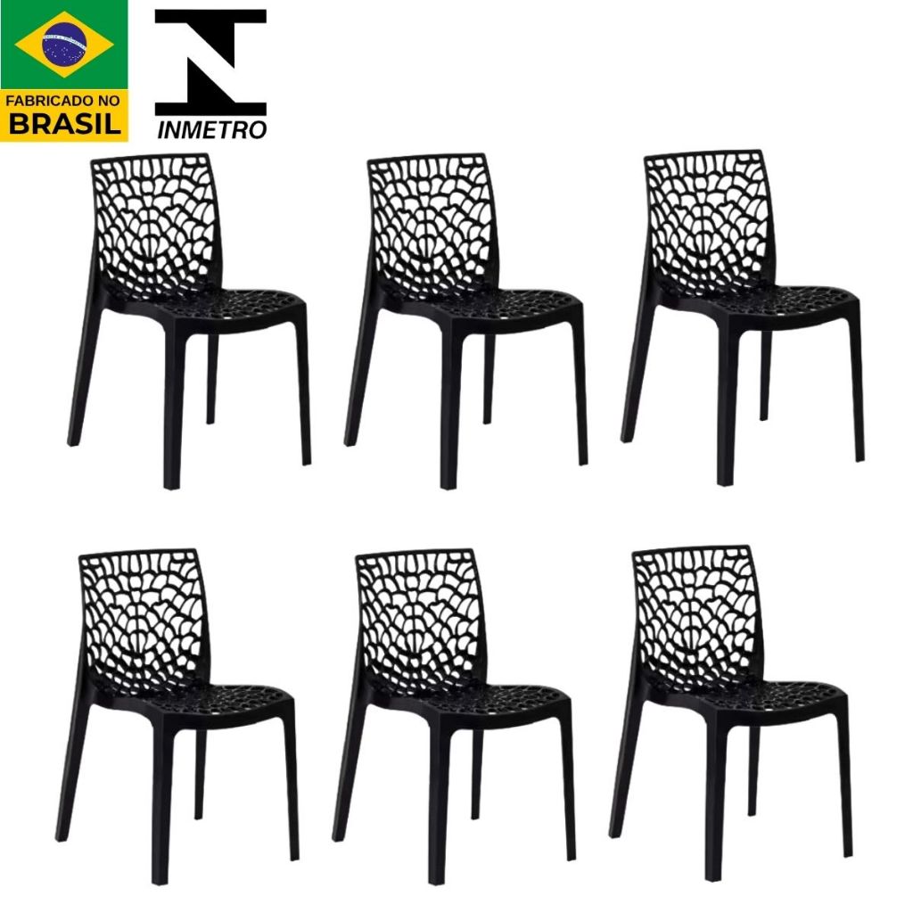Kit 6 Cadeiras Gruvyer Design Preto Sala Cozinha Jantar Área Gourmet Empilhável