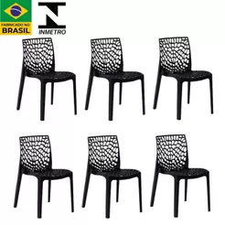 Kit 6 Cadeiras Gruvyer Design Preto Sala Cozinha Jantar Área Gourmet Empilhável