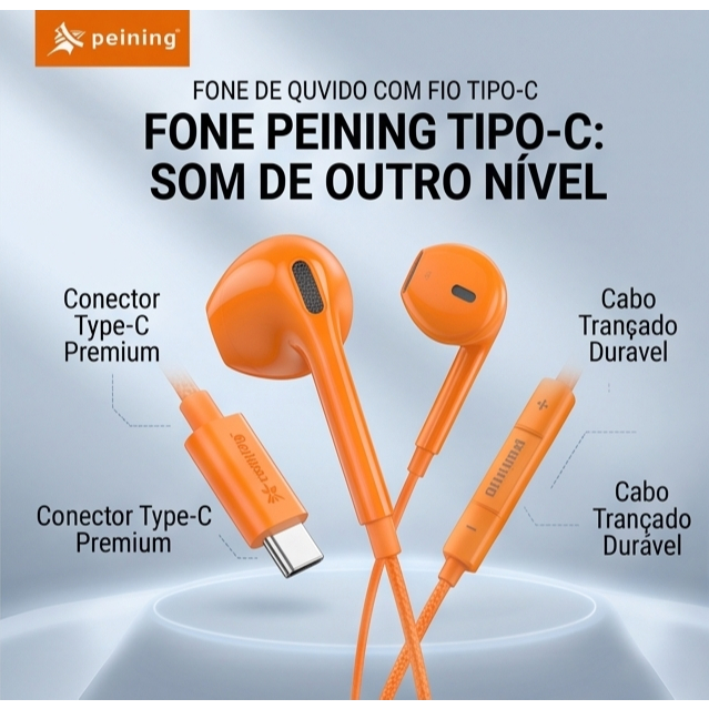 Fone Tipo C com Fio PEI-EP113 Estéreo 14,2mm Alta Definição Cabo Nylon 1,2m para Celular