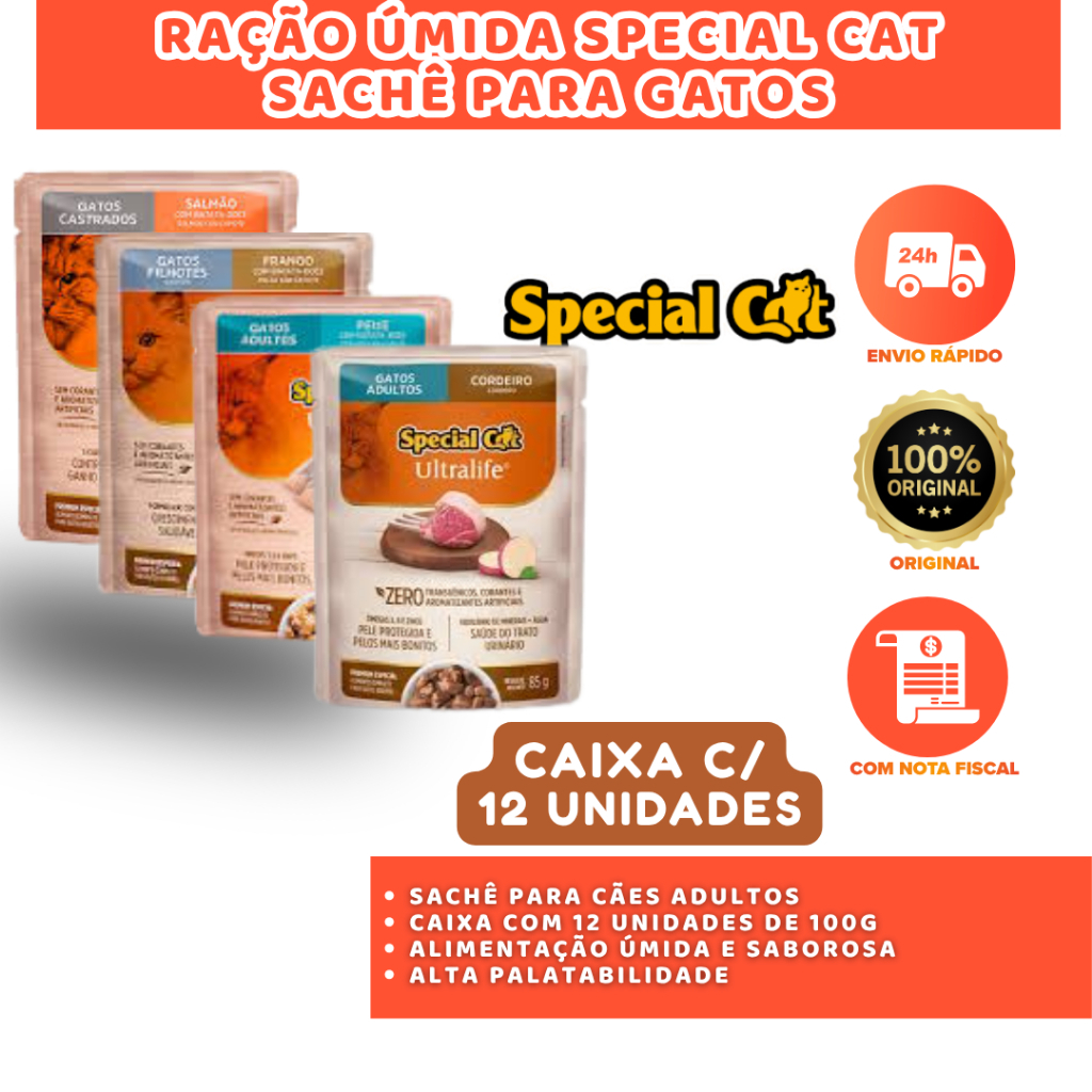 SPECIAL CAT SACHÊ PARA GATOS CAIXA COM 12 UN DE 85G NUTRIÇÃO COMPLETA E SABOROSA