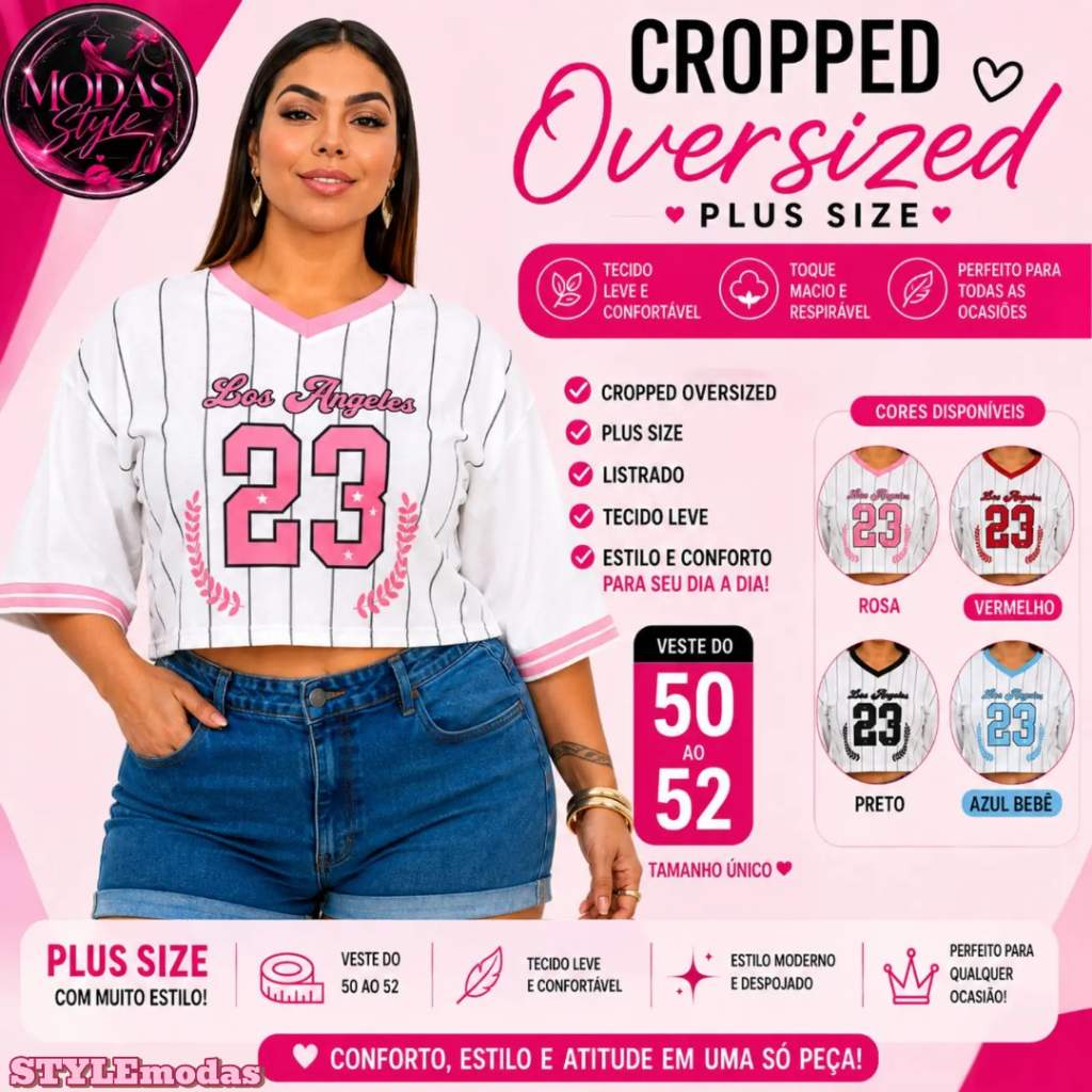 CROPPED Oversized Feminino LISTRADO PLUS SIZE 100% Algodão Streetwear Camiseta Gringa Curve, casual, verão