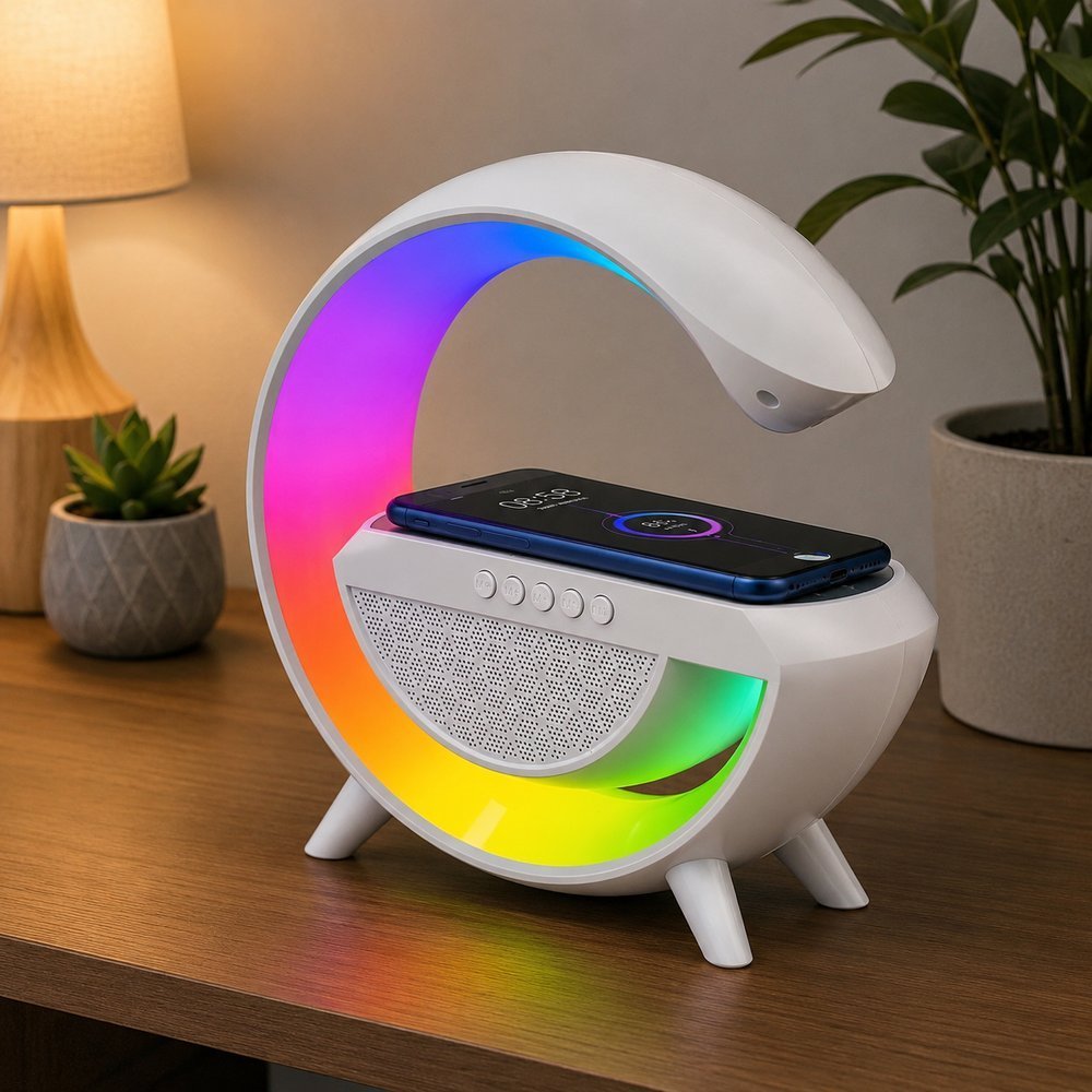 Caixa De Som Bluetooth Com Carregador Por Indução Luminária LED 7 Cores Rádio FM USB TF AUX