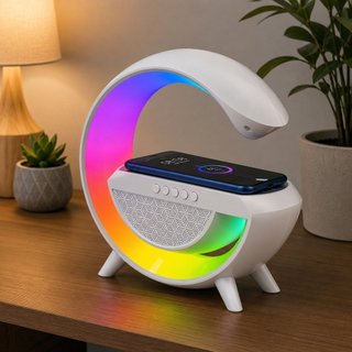 Caixa De Som Bluetooth Com Carregador Por Indução Luminária LED 7 Cores Rádio FM USB TF AUX