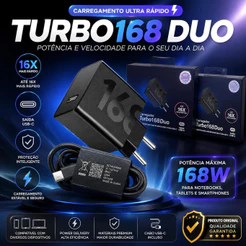 Carregador Turbo 168w Com Cabo Type C Todos MOTO /XIAOMI/IP/SM/G Super Rápido