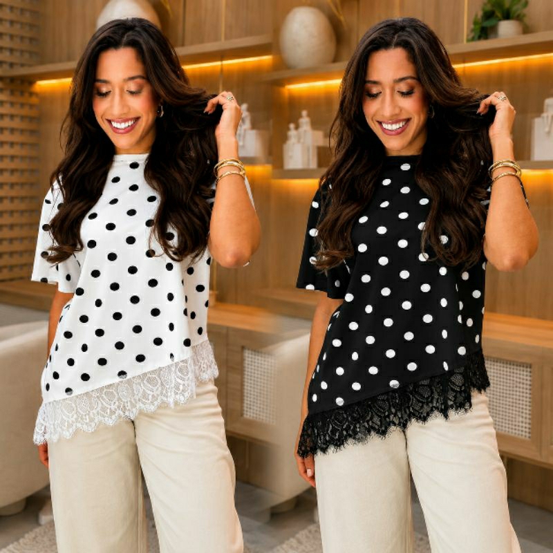Blusa feminina Assimétrica Poá Com Renda Elegante Tendência