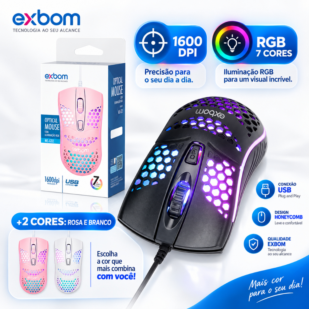 Exbom MS-C32, USB, iluminado RGB, DPI ajustável