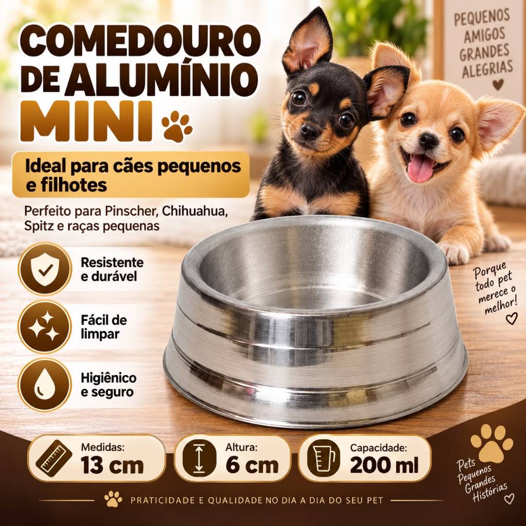 Comedouro Mini de Alumínio 200ml 13x6cm para Cães Pequenos e Filhotes Pinscher Chihuahua Spitz Ração e Água