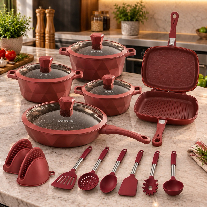 Jogo de Panelas London Grill 17 peças Cerâmica Antiaderente Kit Completo com Tampa Luxuoso Lançamento