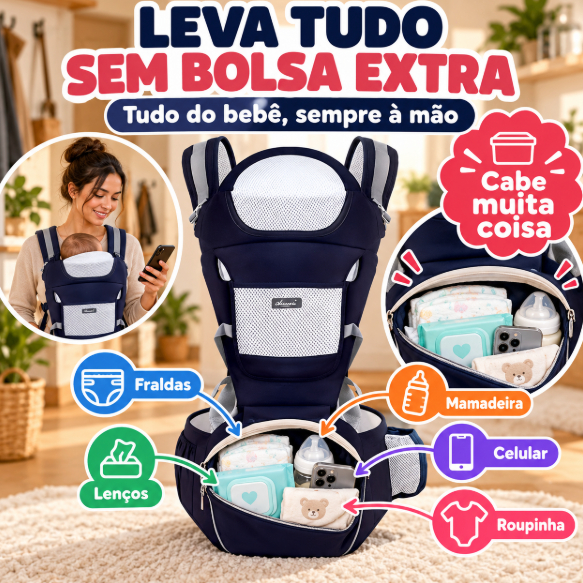 Canguru Bebê com Assento Removível, Apoio para Cabeça, Malha Respirável, Bolso para Mamadeira e Alças Ajustáveis