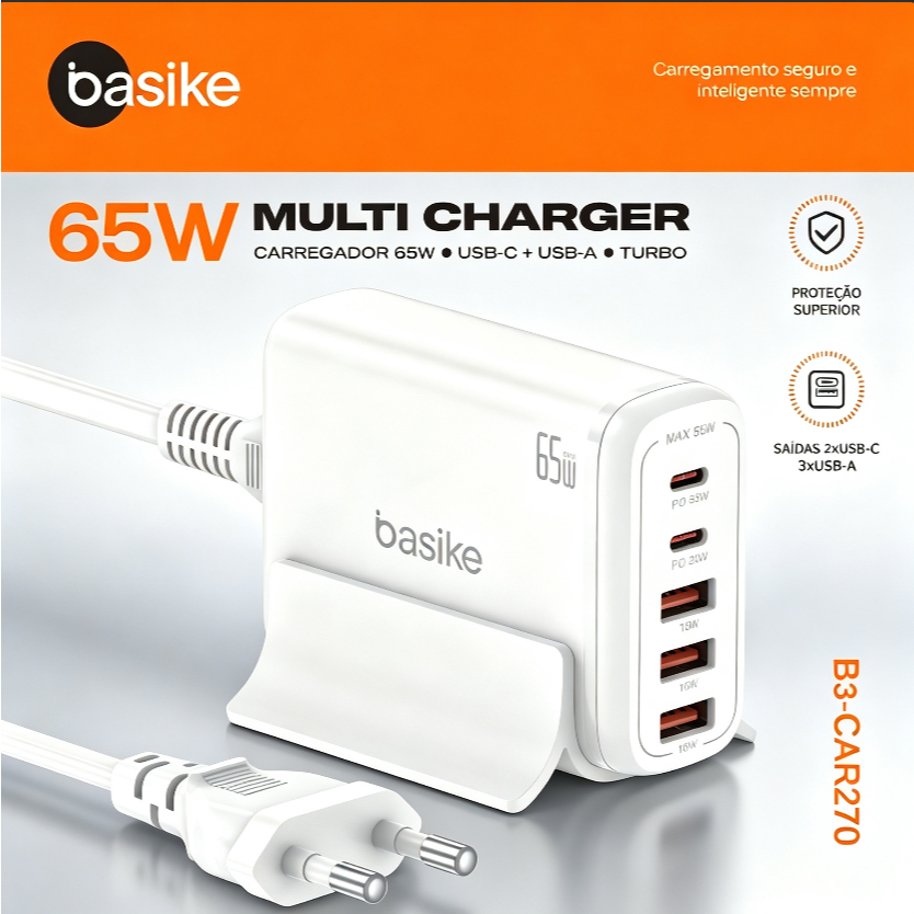 Carregador rápido de Mesa Basike 65W/30W Hub 1.5m Turbo 5 em 1 Desktop 3x USB 2x Tipo C PD QC3.0 Carregamento Rápido