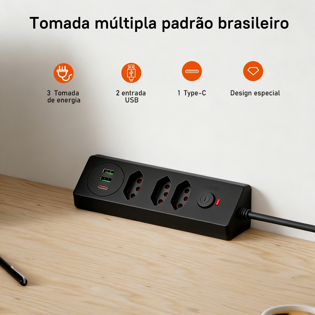 Réguas de tomadas design de prisma triangular Bivolt com USB e Type-C Cabo 1 8m com Interruptor