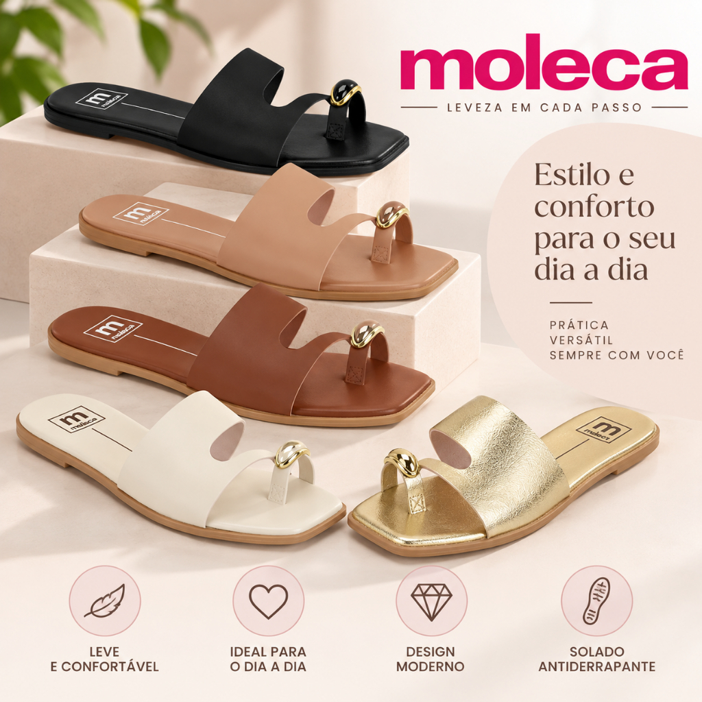 Tamanco Rasteirinha Moleca Feminina Anel no Dedo Lançamento Dourado Confortável Leve Macia Elegante