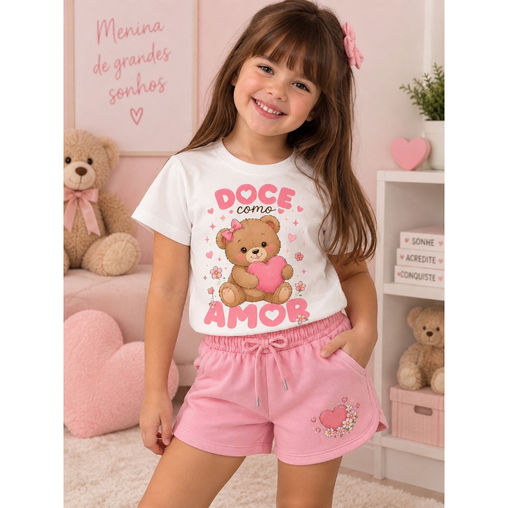 Conjunto Infantil Menina Doce Amor com Ursinha + Shorts Rosa | Look Infantil Feminino Fofo e Confortável | Moda Infantil