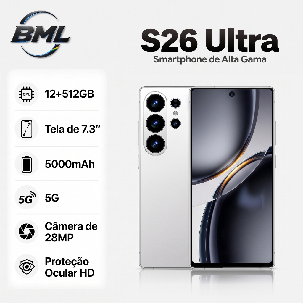 BML Celular Smartphone 12+512GB De RAM (+ 8 Dinâmicas) AI Global 5G Dual SIM Android 15, 7.3'' Tela,Câmera 108MP