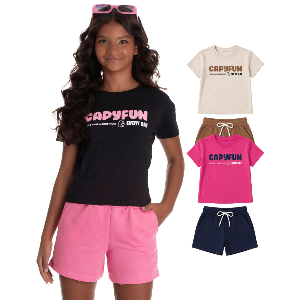 Conjunto Juvenil Feminino Blusa Capivara e Bermuda Moletinho com Bolso Tamanhos 10 12 14