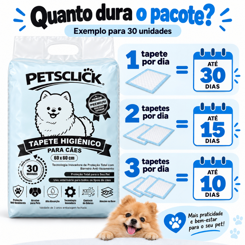 Tapete Higiênico Petsclick 30 Unidades 60x60 Para Cães Pet Branco
