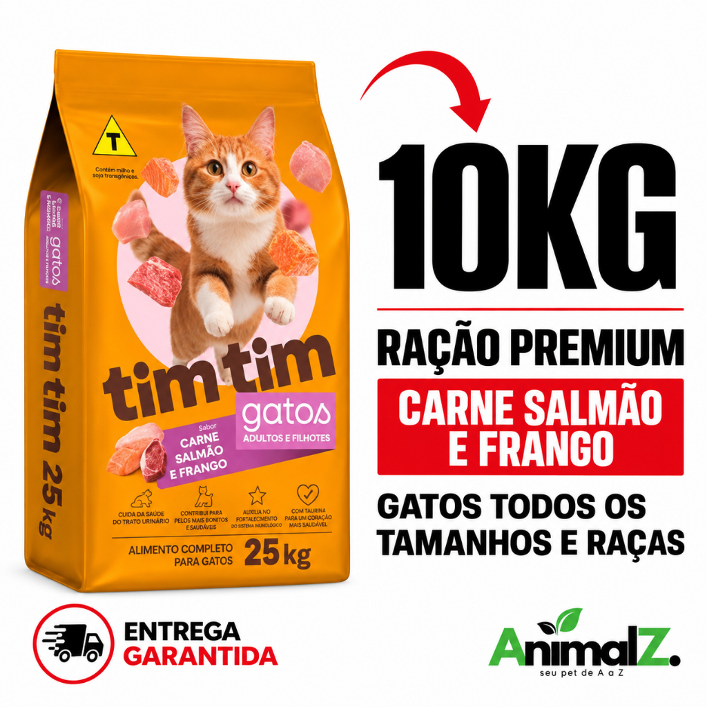 Ração Seca Barata Tim Tim Cat PREMIUM 10kg – Adultos e Filhotes Sabor Carne Salmão e Frango