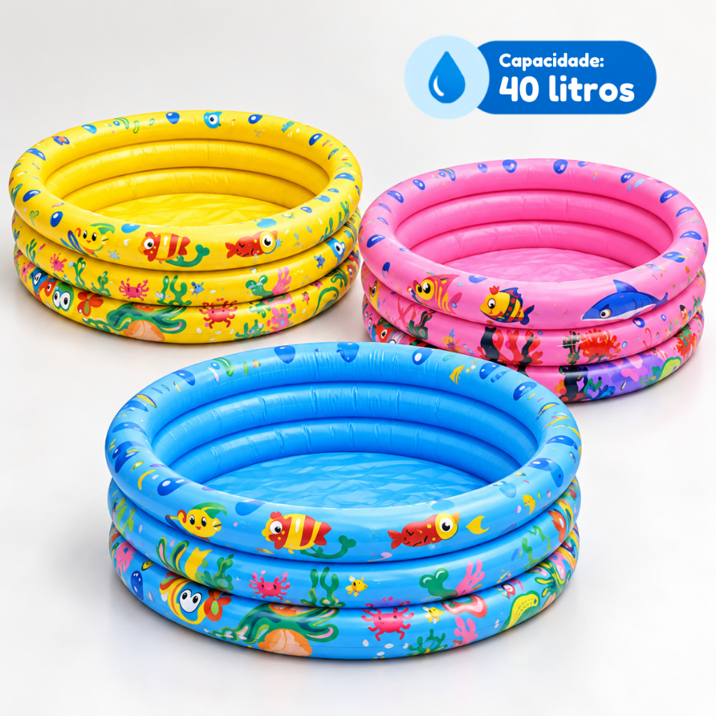 Piscina Infantil Inflável Redonda 3 Anéis Bebê Verão Menino Menina 40 Litros 60cm