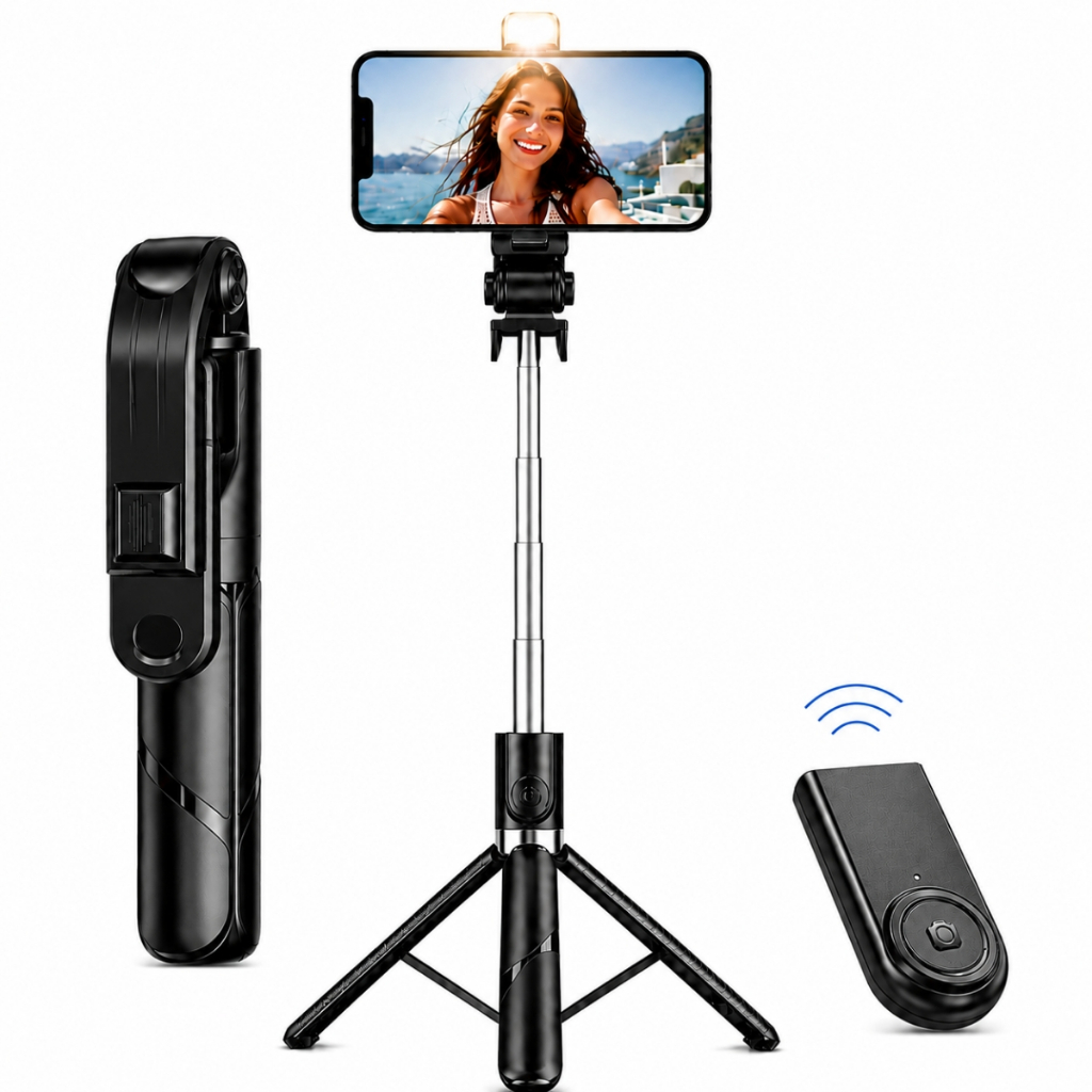 Bastão Pau de Selfie Tripé Retrátil com Luz LED Controle Bluetooth para Celular 3 em 1 Rotação 360°