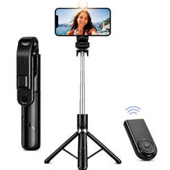 Bastão Pau de Selfie Tripé Retrátil com Luz LED Controle Bluetooth para Celular 3 em 1 Rotação 360°